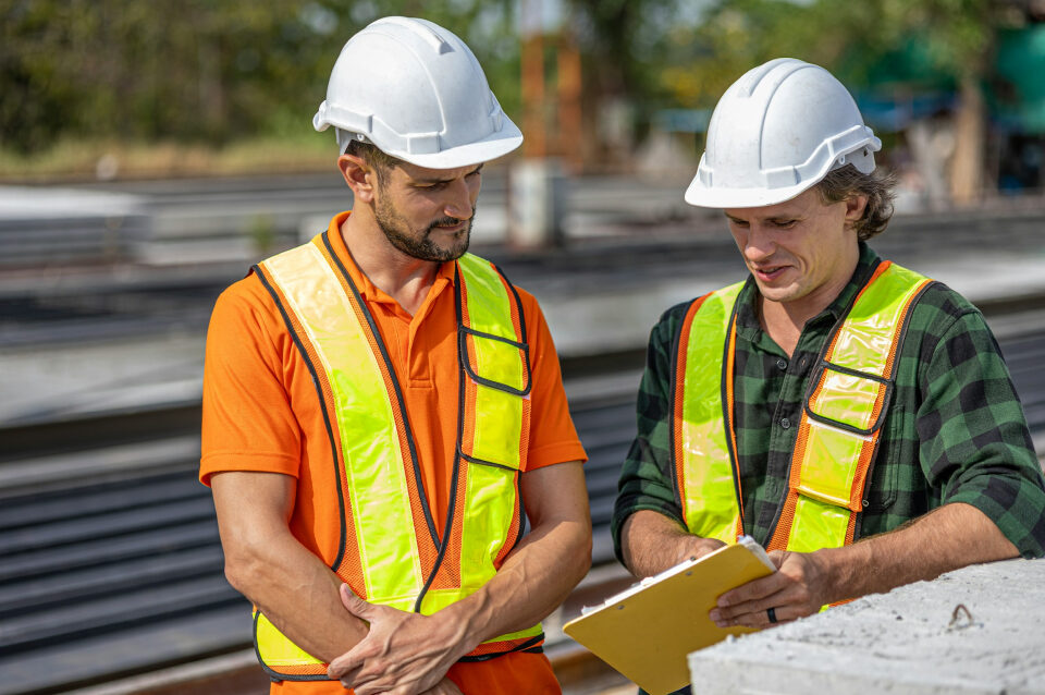 Two construction workers talking over a checklist.